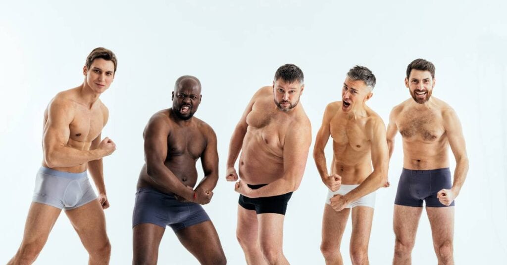 detoks różne typy sylwetki 5 mężczyzn w majtkach